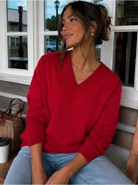 Vintage Lands' End 100% Cashmere Red V-Neck Sweater Hong Kong Preppy Minimalist